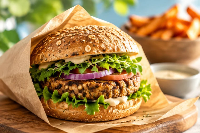 Loaded plant based burger with greens on a seeded bun