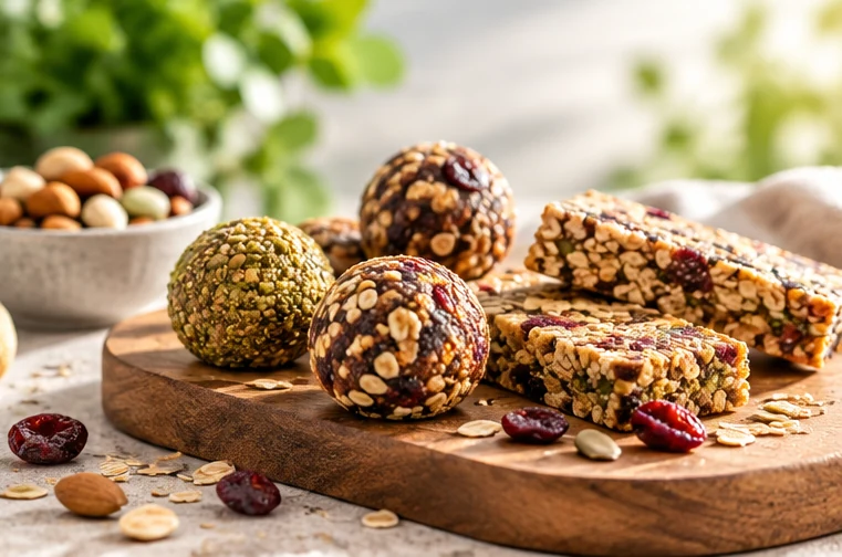 Plant based energy bites and portable oat snack bars