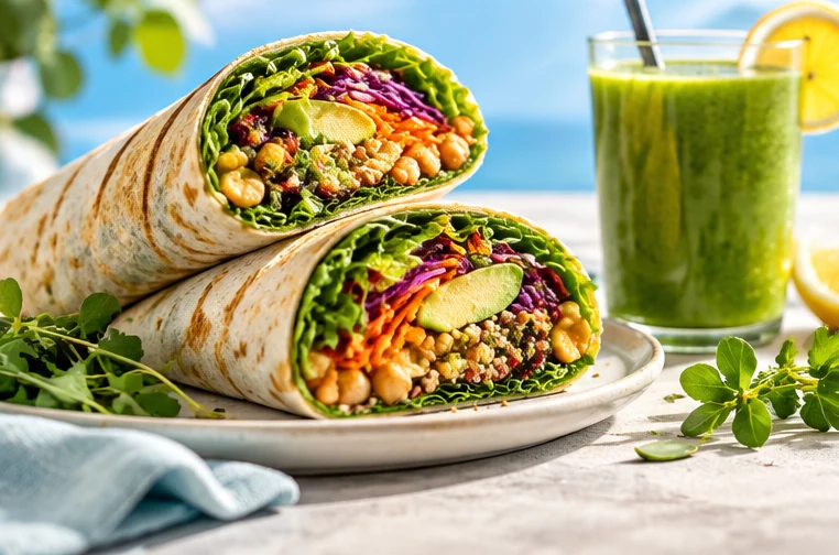 Colorful vegan wraps with fresh vegetables beside a green smoothie